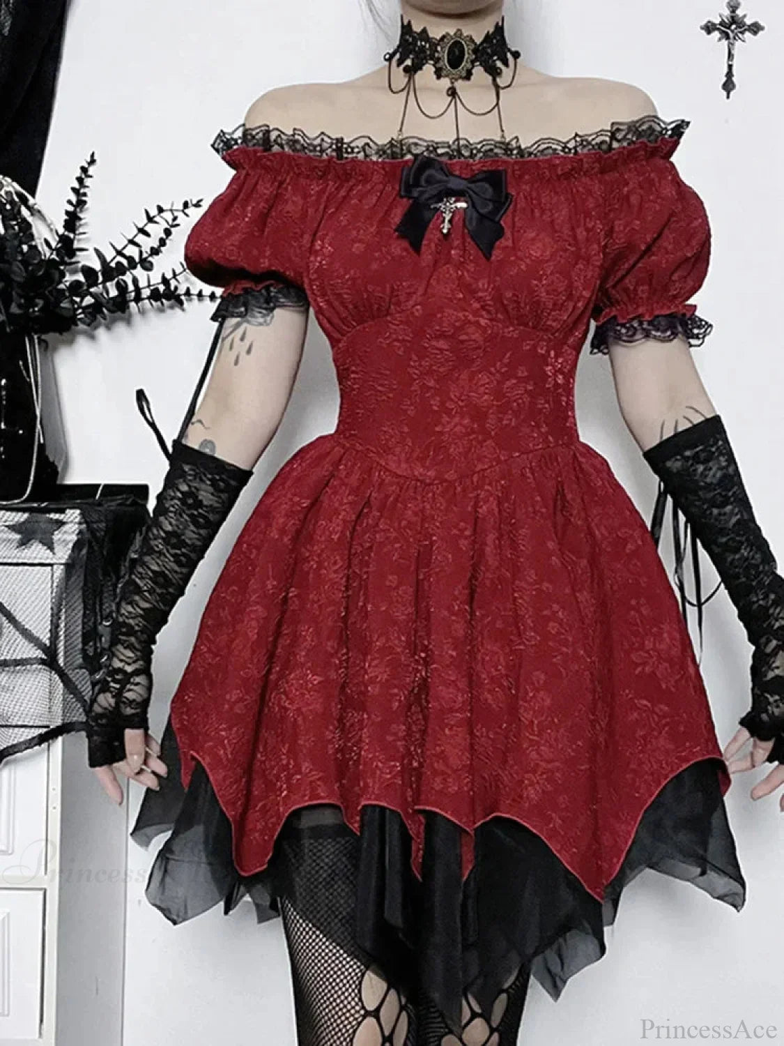 Lace Patchwork Puff Mini Dress