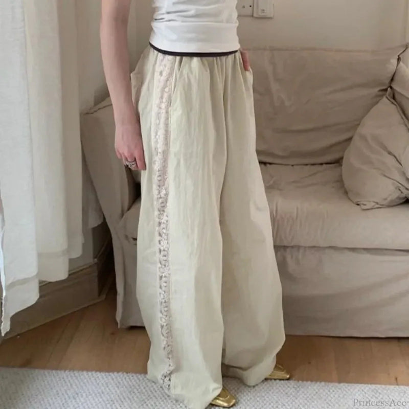 Lace Patchwork White Wide Leg Pants