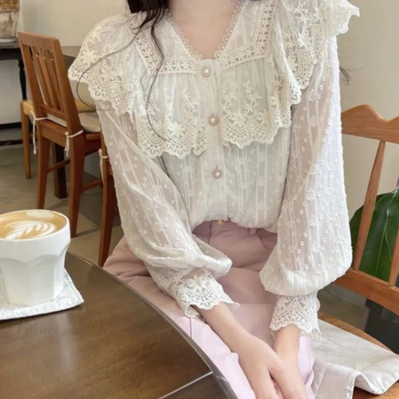 Lace Ruffle Edge Long Sleeve Blouse Sweet Blouse