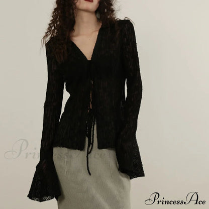 Lace Shirts Long Arm Slim Harajuku Transparent Blouse Korean Black Goth Aesthetic