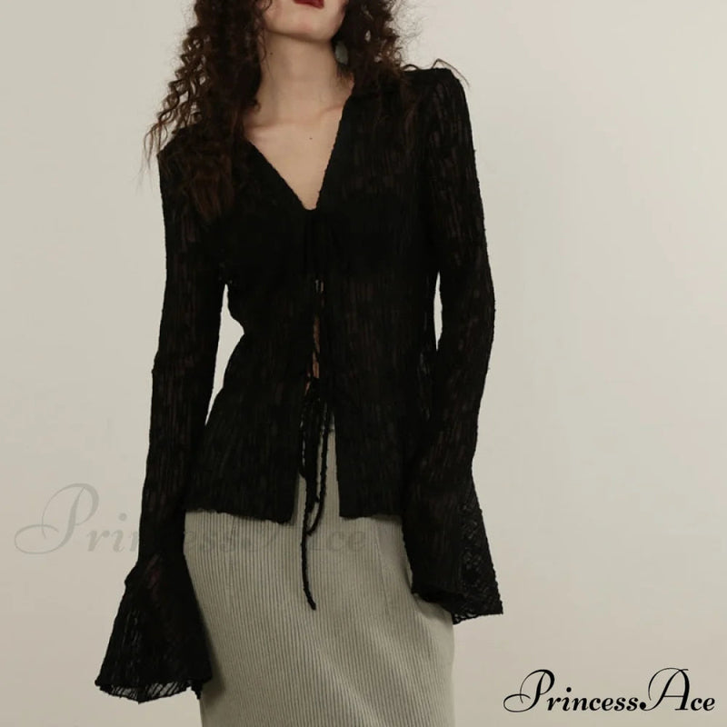 Lace Shirts Long Arm Slim Harajuku Transparent Blouse Korean Black Goth Aesthetic