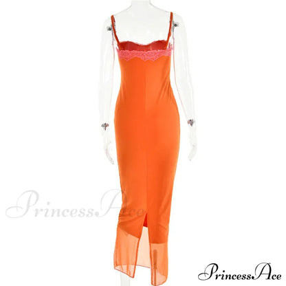 Lace Spaghetti Strap Charming Mesh Midi Dress
