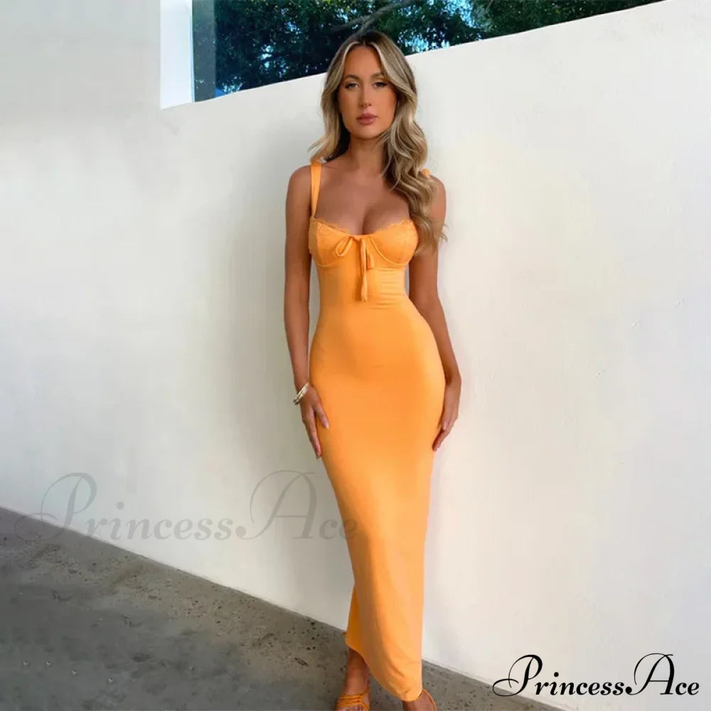 Lace Spliced Backless Tie Front Gown Slit Summer Vestidos Midi Dress