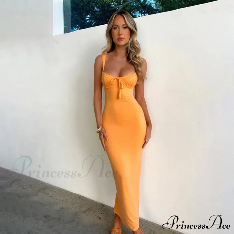 Lace Spliced Backless Tie Front Gown Slit Summer Vestidos Midi Dress