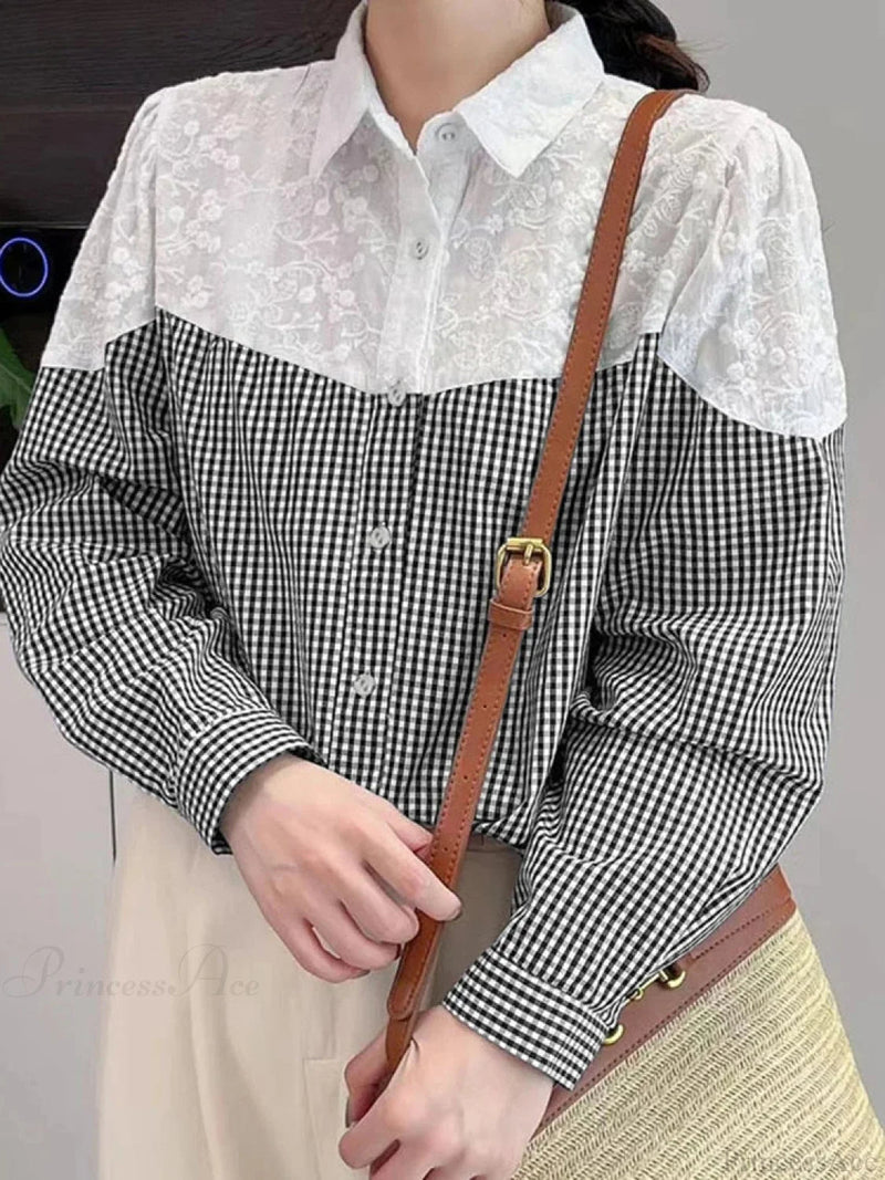 Lace Stitching Plaid Long Sleeve Blouse Blouse