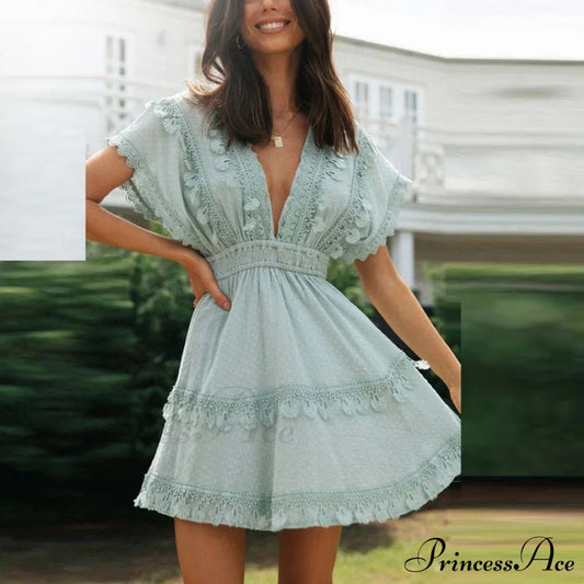 Lace Tie Up Beach Modern Ruffle Mini Dress