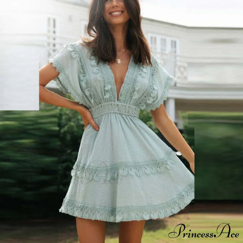 Lace Tie Up Beach Modern Ruffle Mini Dress