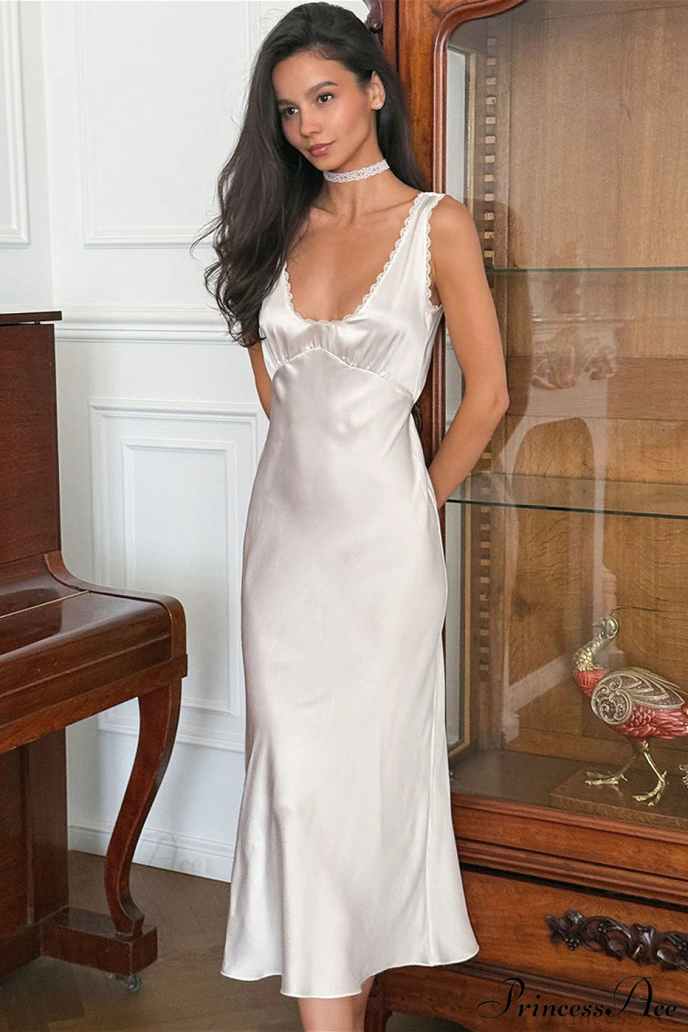 Lace Trim White Cami Maxi Dress