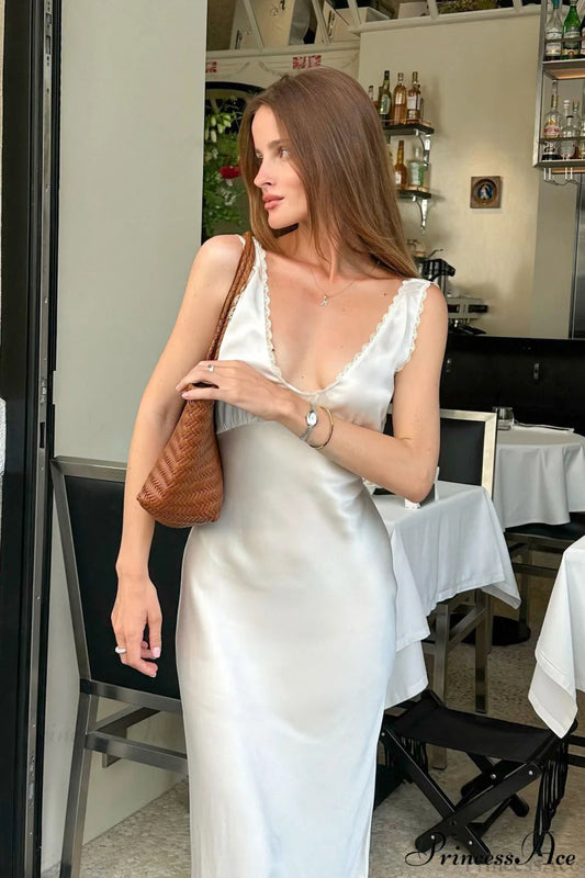 Lace Trim White Cami Maxi Dress