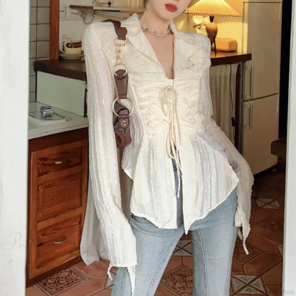 Lace Up Blouse Turn-down Collar Blouse