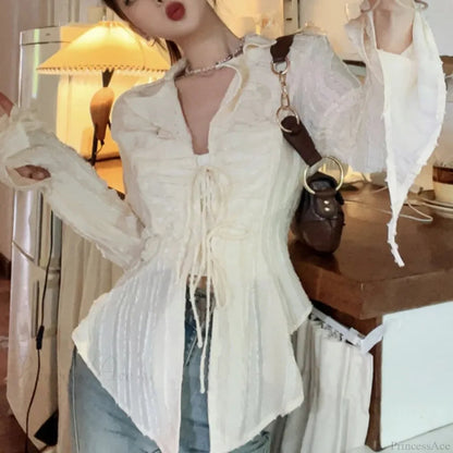 Lace Up Blouse Turn-down Collar Blouse