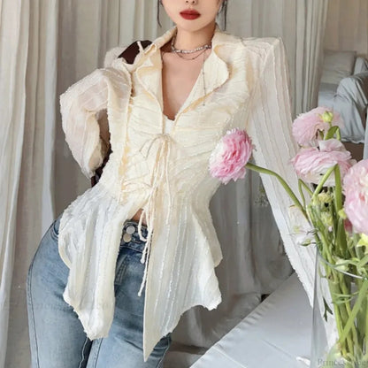 Lace Up Blouse Turn-down Collar Blouse