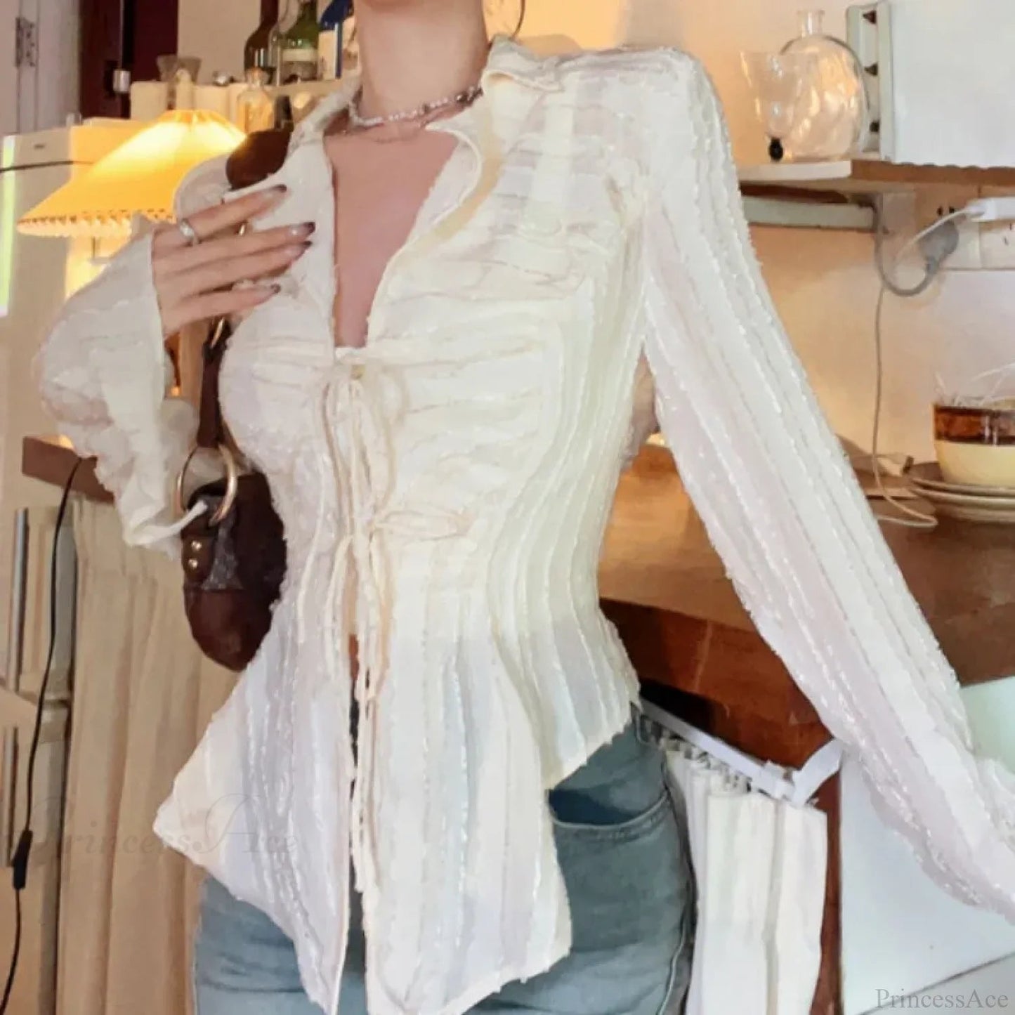 Lace Up Blouse Turn-down Collar Blouse