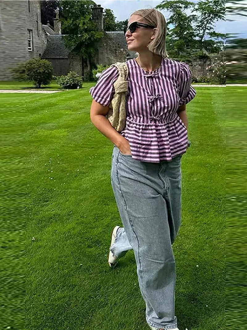 Lace Up Striped O-neck Loose Short Sleeve Blouse
