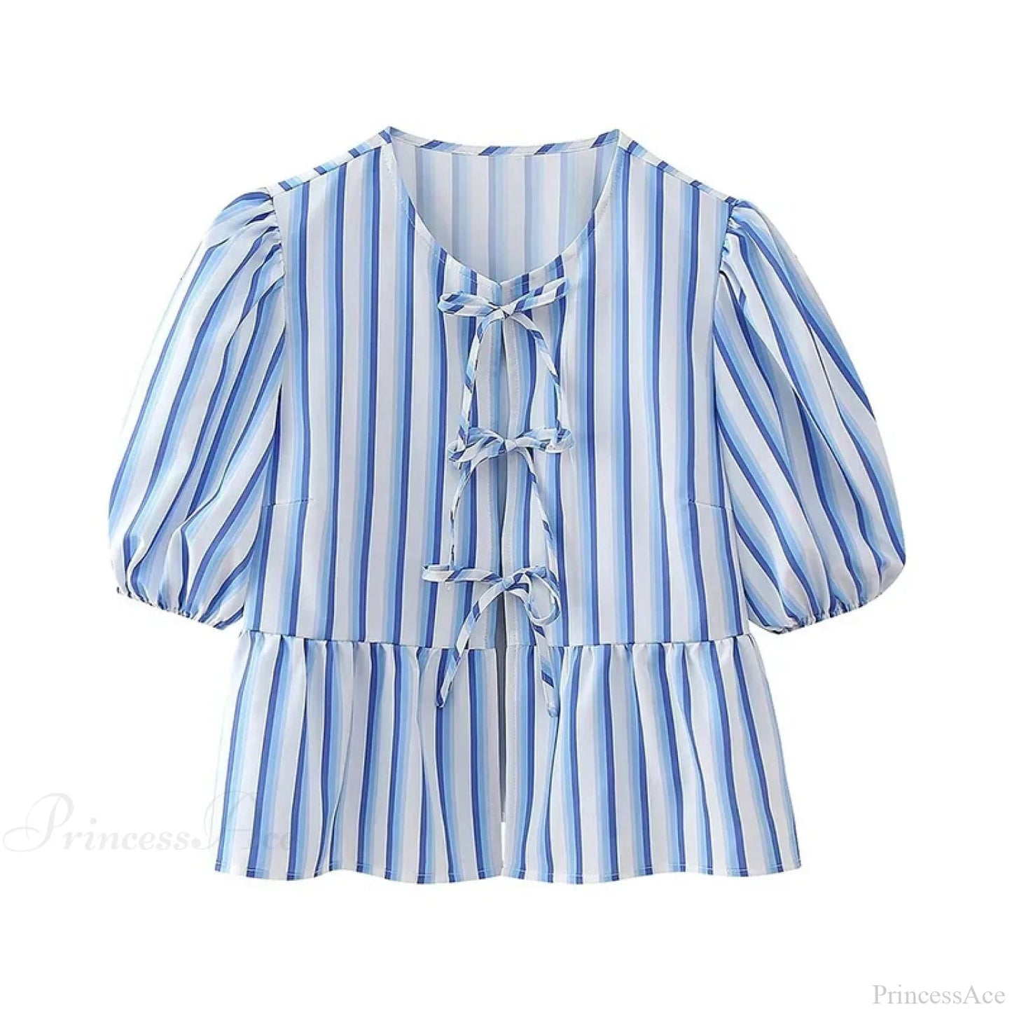 Lace Up Striped O-neck Loose Short Sleeve Blouse