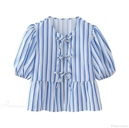 Lace Up Striped O-neck Loose Short Sleeve Blouse
