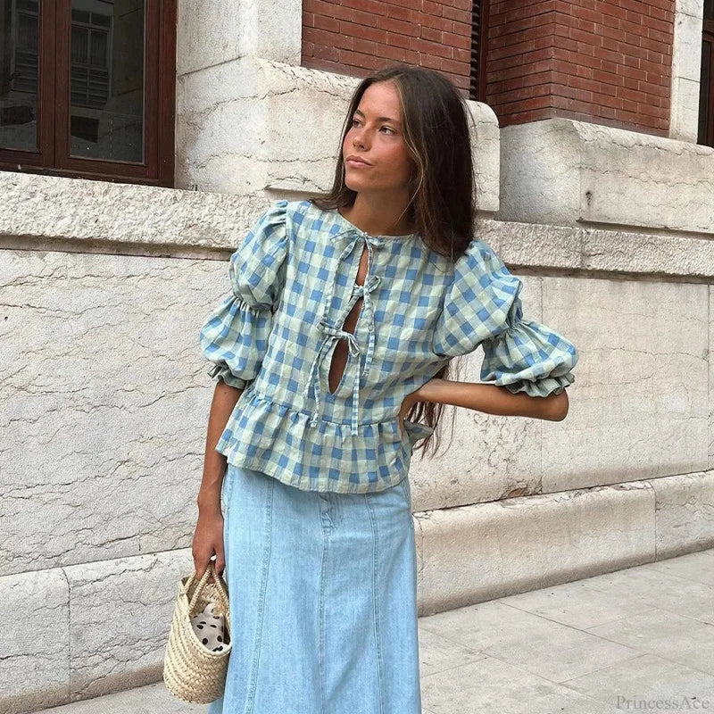 Lace-up Tie-up Puff Sleeve Midi Blouse