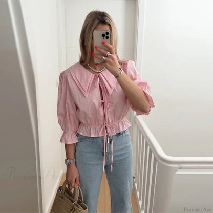 Lace-up Tie-up Puff Sleeve Midi Blouse