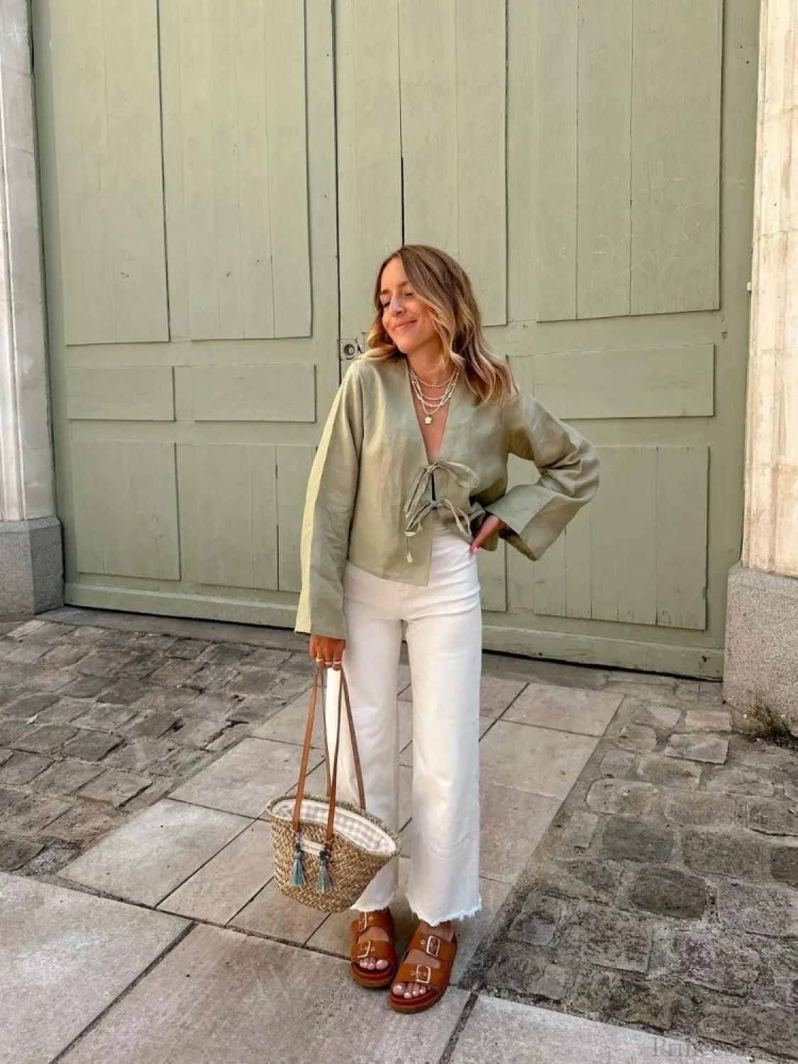Lace-up V-neck Loose Long Sleeve Blouse