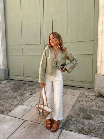 Lace-up V-neck Loose Long Sleeve Blouse