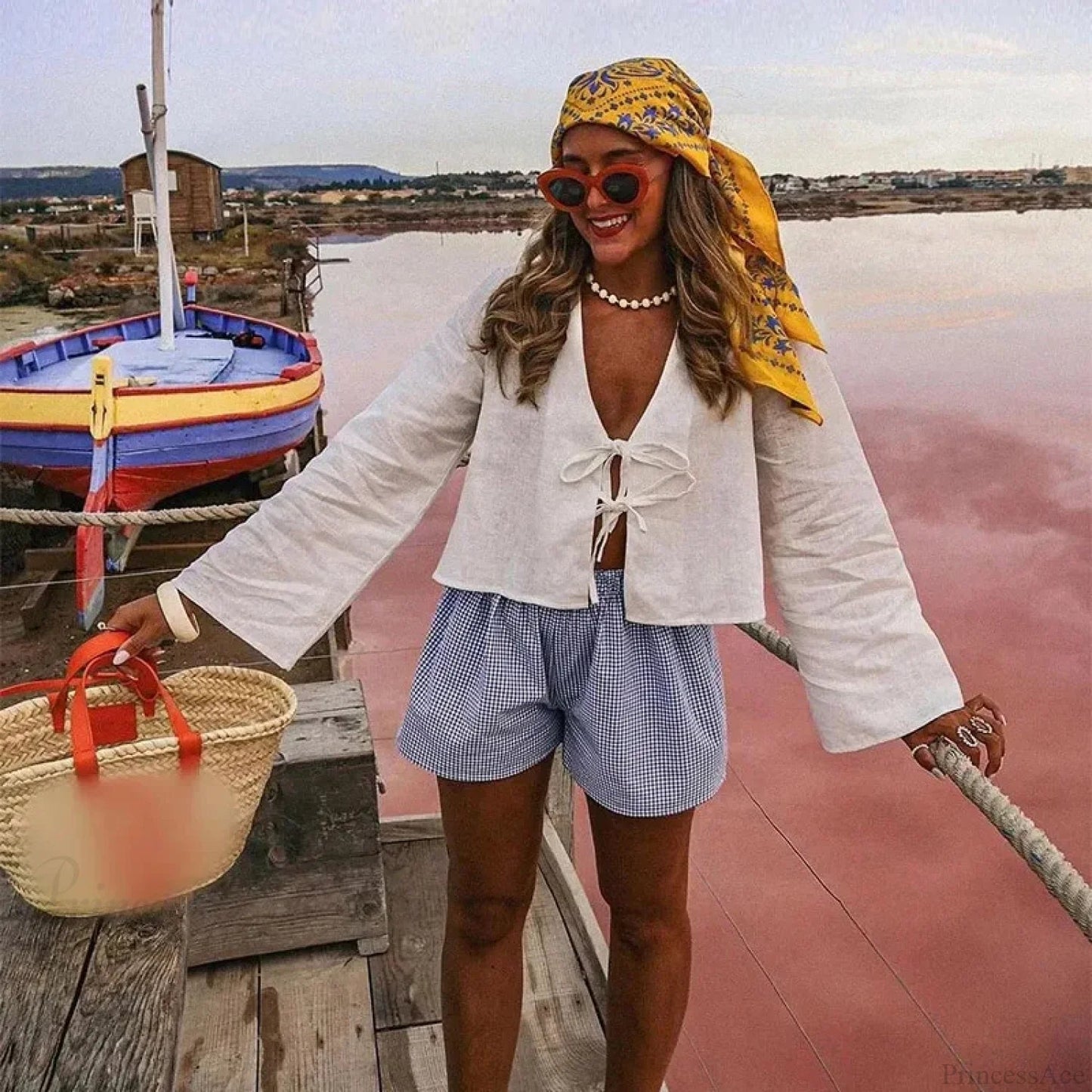 Lace-up V-neck Loose Long Sleeve Blouse