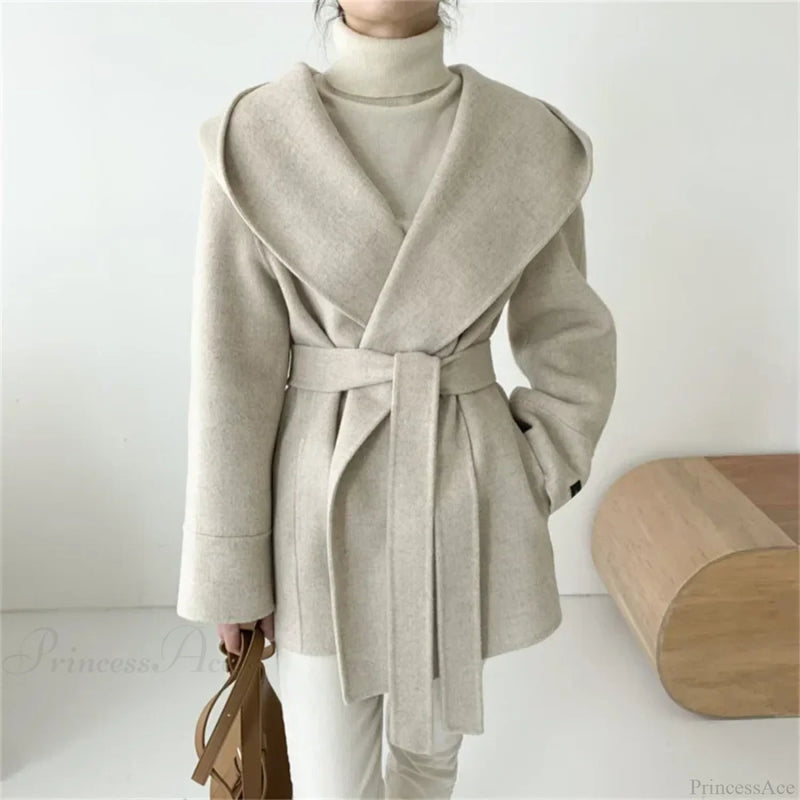Lace-up Woolen Hooded Jacket Overcoat