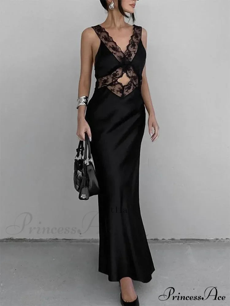Lace V Neck Evening Maxi Dress