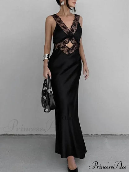 Lace V Neck Evening Maxi Dress