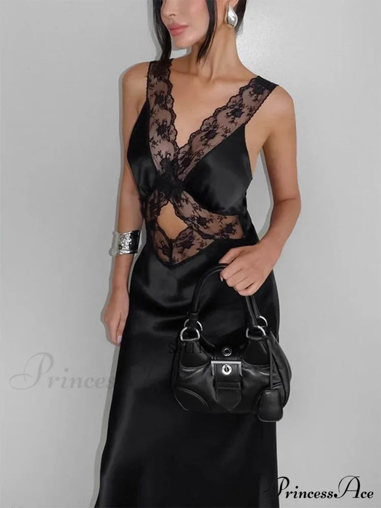 Lace V Neck Evening Maxi Dress