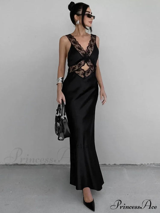 Lace V Neck Evening Maxi Dress