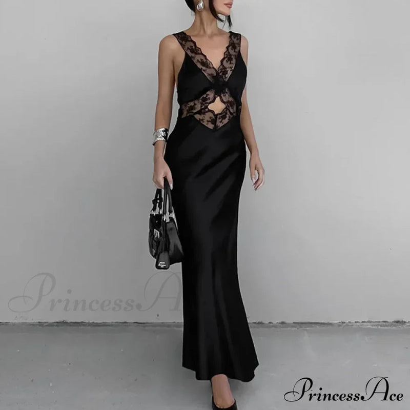 Lace V Neck Evening Maxi Dress