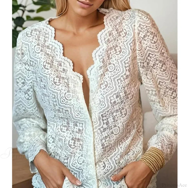 Lace V-neck Long Sleeve Blouse