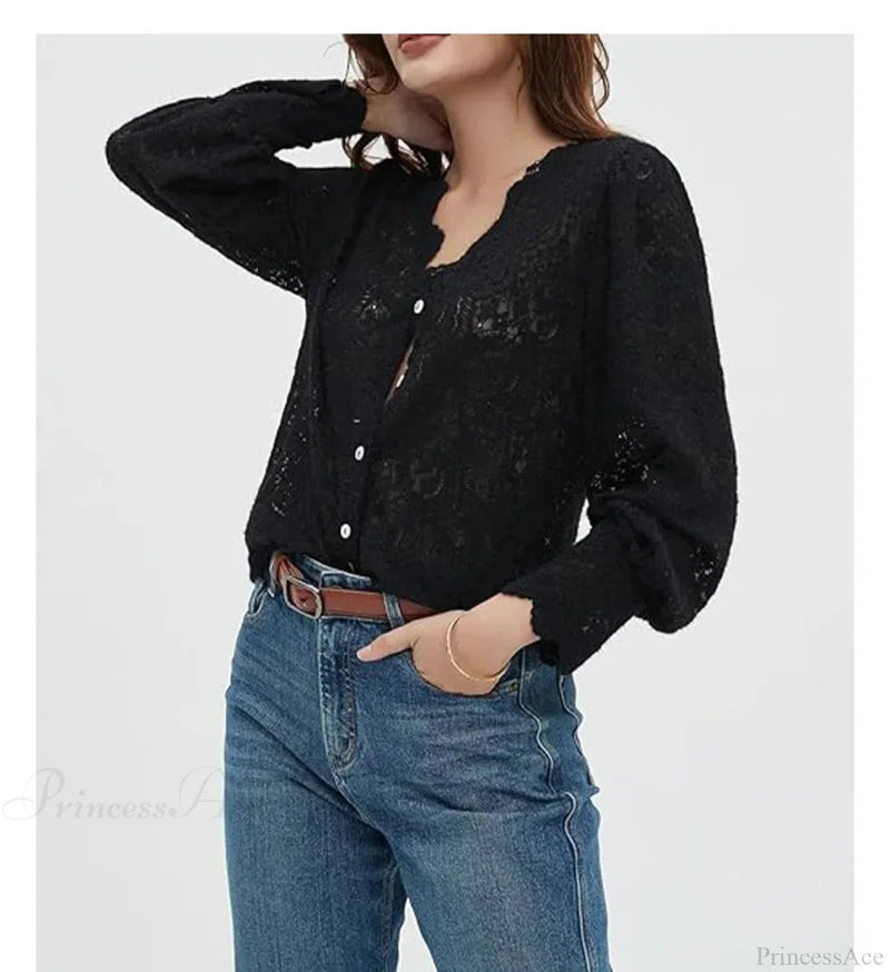 Lace V-neck Long Sleeve Blouse