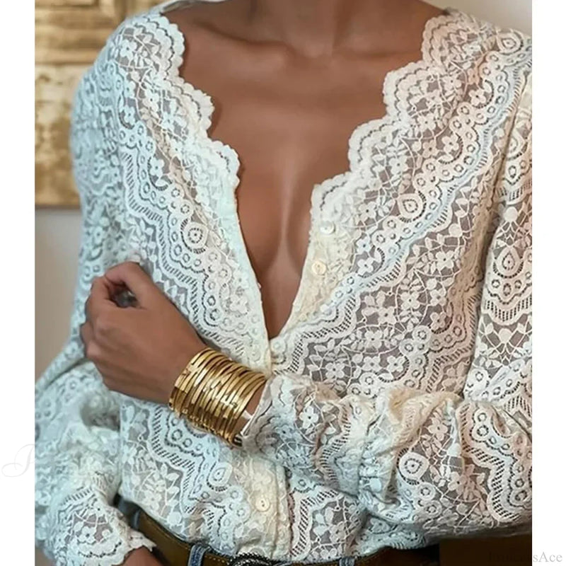 Lace V-neck Long Sleeve Blouse