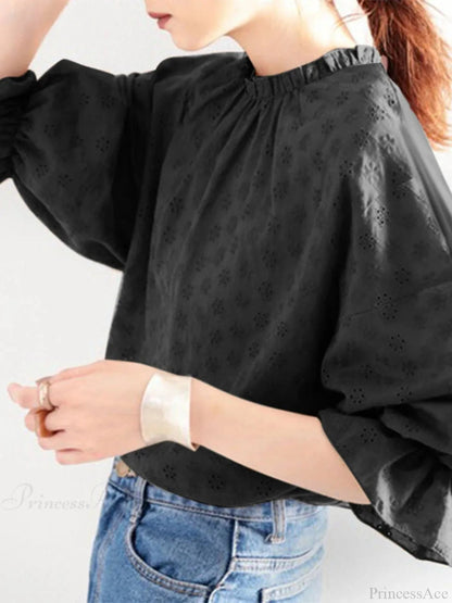 Lacing Pleating Lantern Sleeve Blouse Blouse