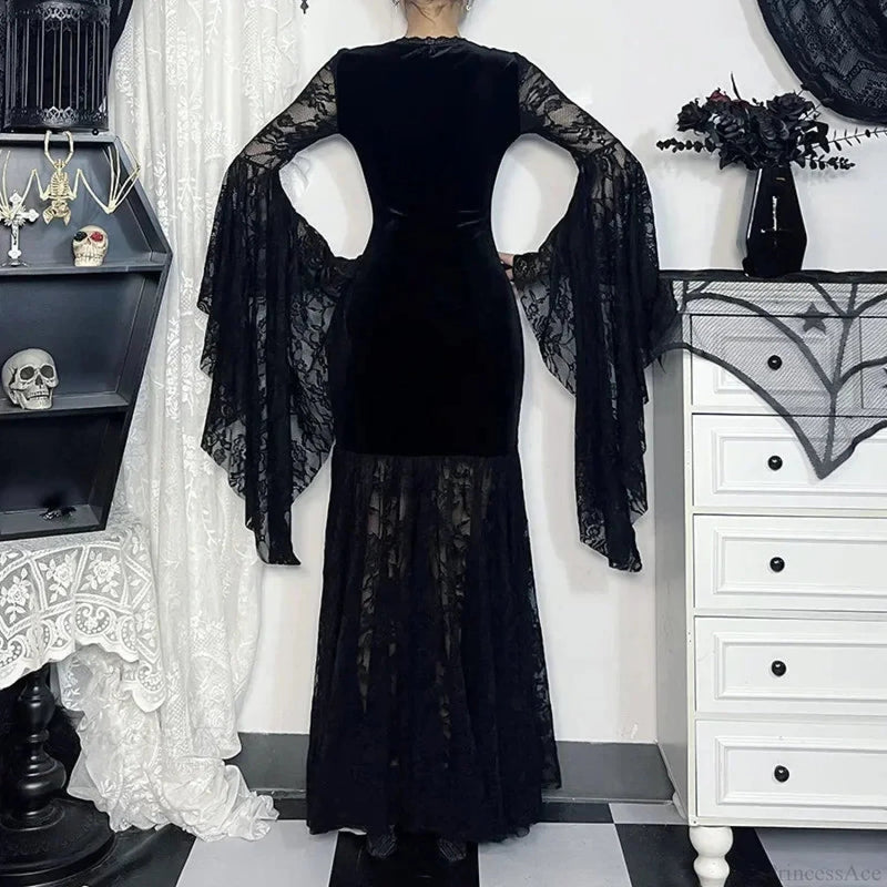 Lacy Mesh V-neck Long Dress