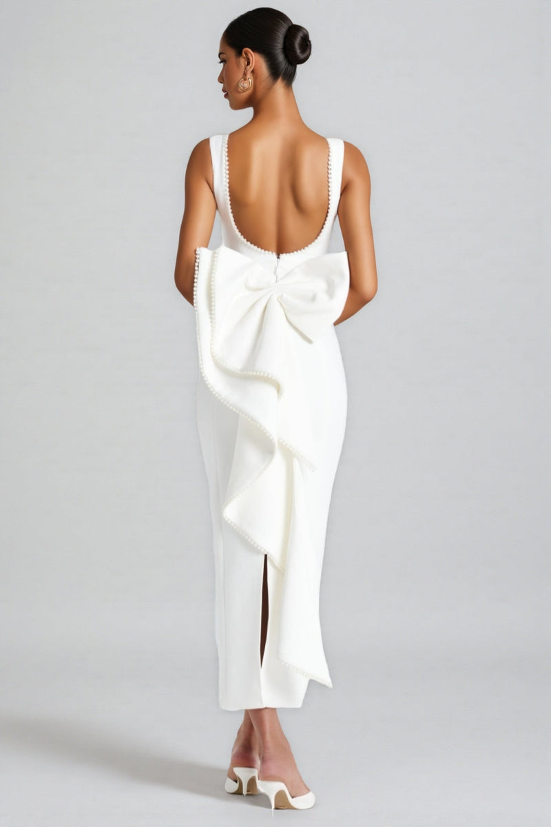 Jerres White Backless Pearl Ribbon Maxi Dress