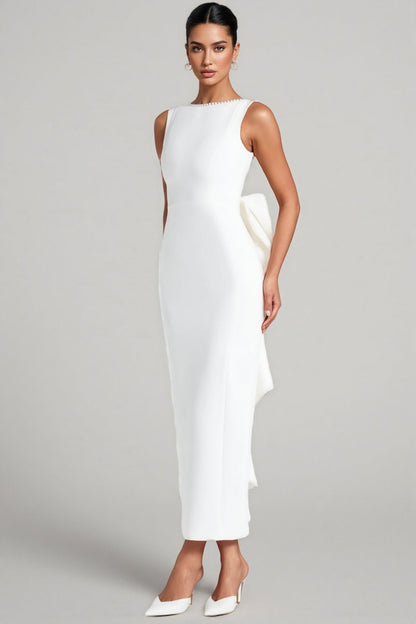 Jerres White Backless Pearl Ribbon Maxi Dress