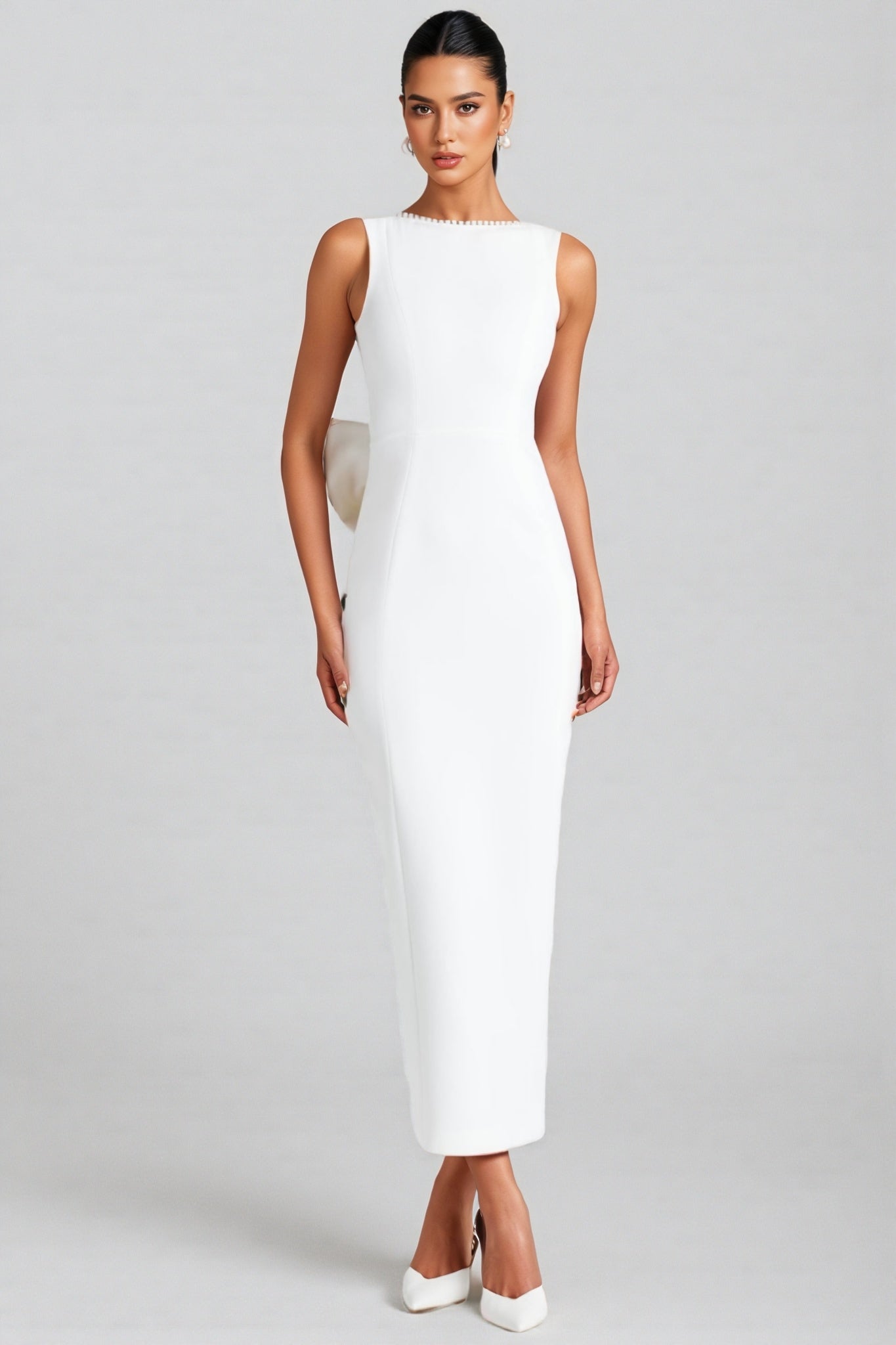 Jerres White Backless Pearl Ribbon Maxi Dress
