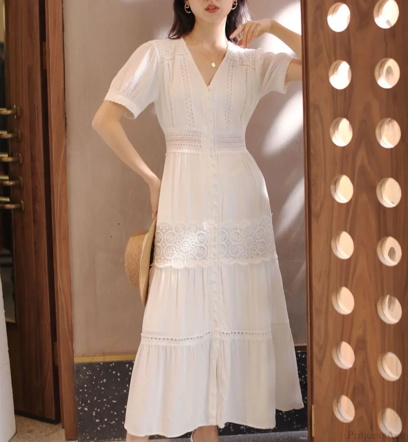 Lantern Sleeve Cotton Rayon Lace Splice Long Dress White V-neck