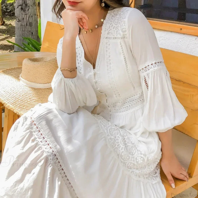 Lantern Sleeve Cotton Rayon Lace Splice Long Dress White V-neck