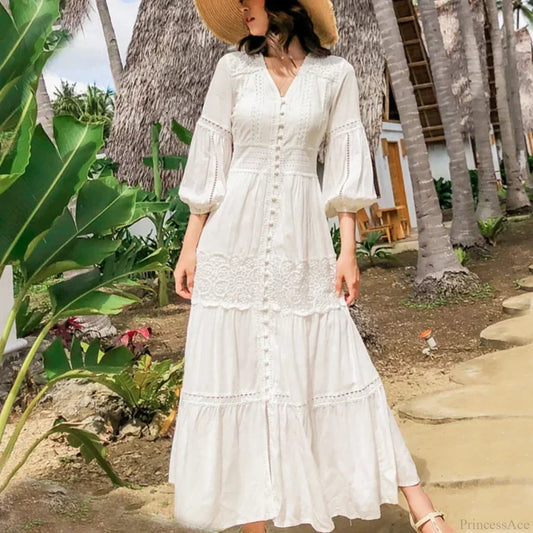 Lantern Sleeve Cotton Rayon Lace Splice Long Dress White V-neck