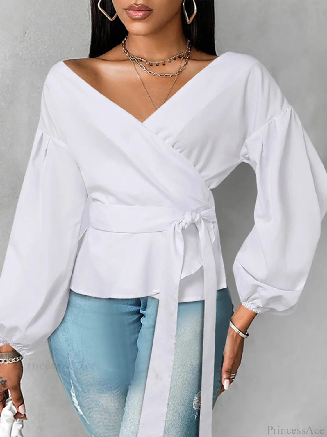 Lantern Sleeve Ruffled Belted Color Blouse