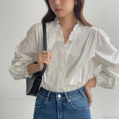 Lantern Sleeve Ruffles V-neck Cotton Office Blouse