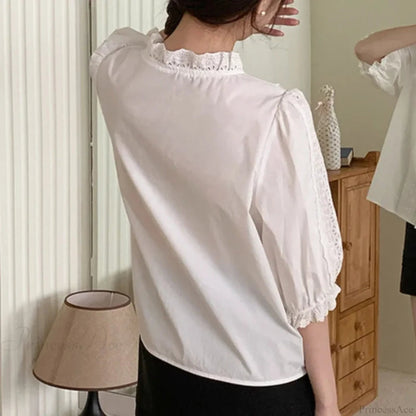 Lantern Sleeve Ruffles V-neck Cotton Office Blouse