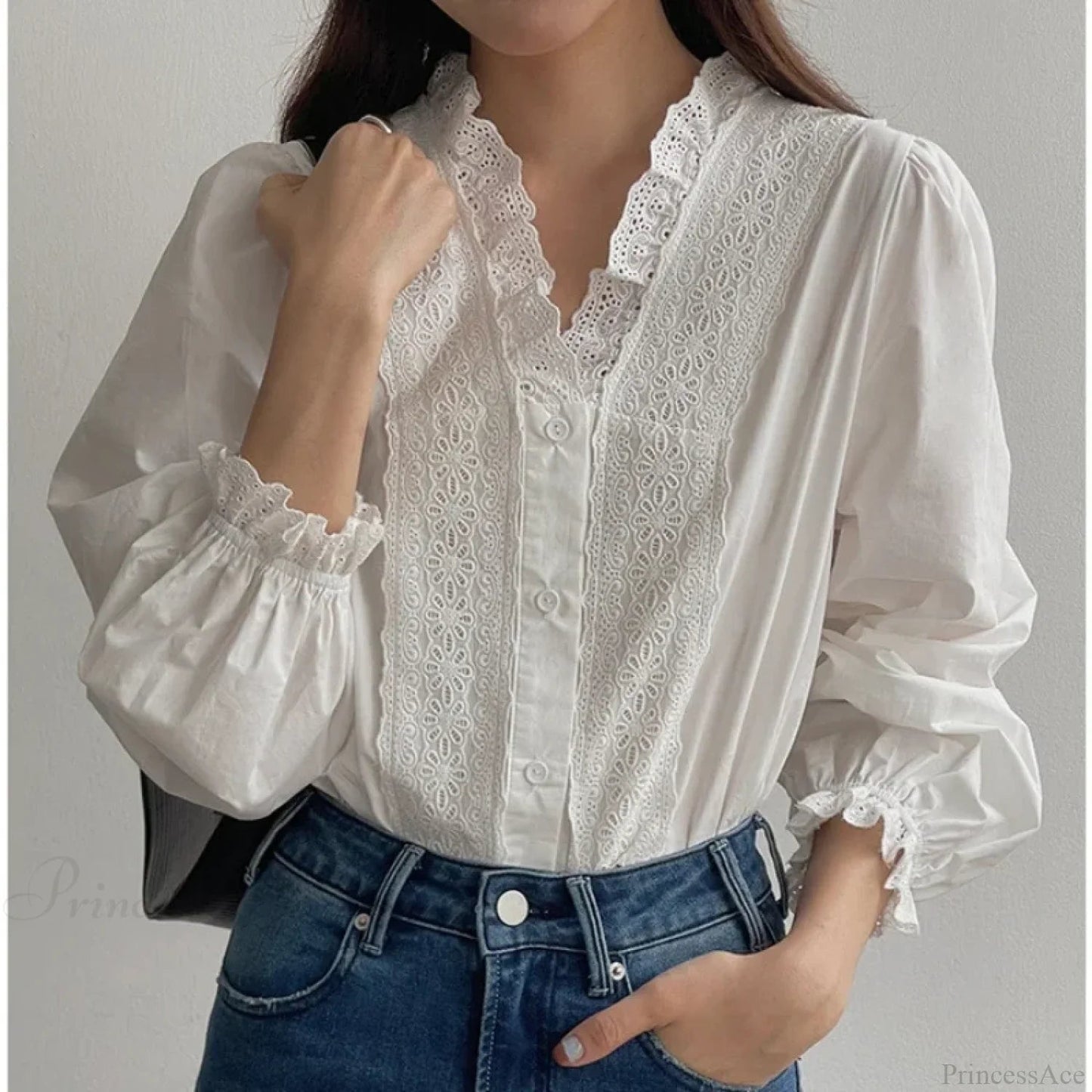 Lantern Sleeve Ruffles V-neck Cotton Office Blouse