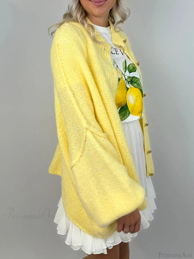 Lantern Sleeve Stand Collar Cardigan