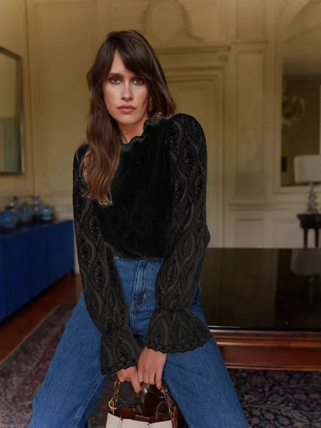 Lantern Sleeve Stand Neck Blouse