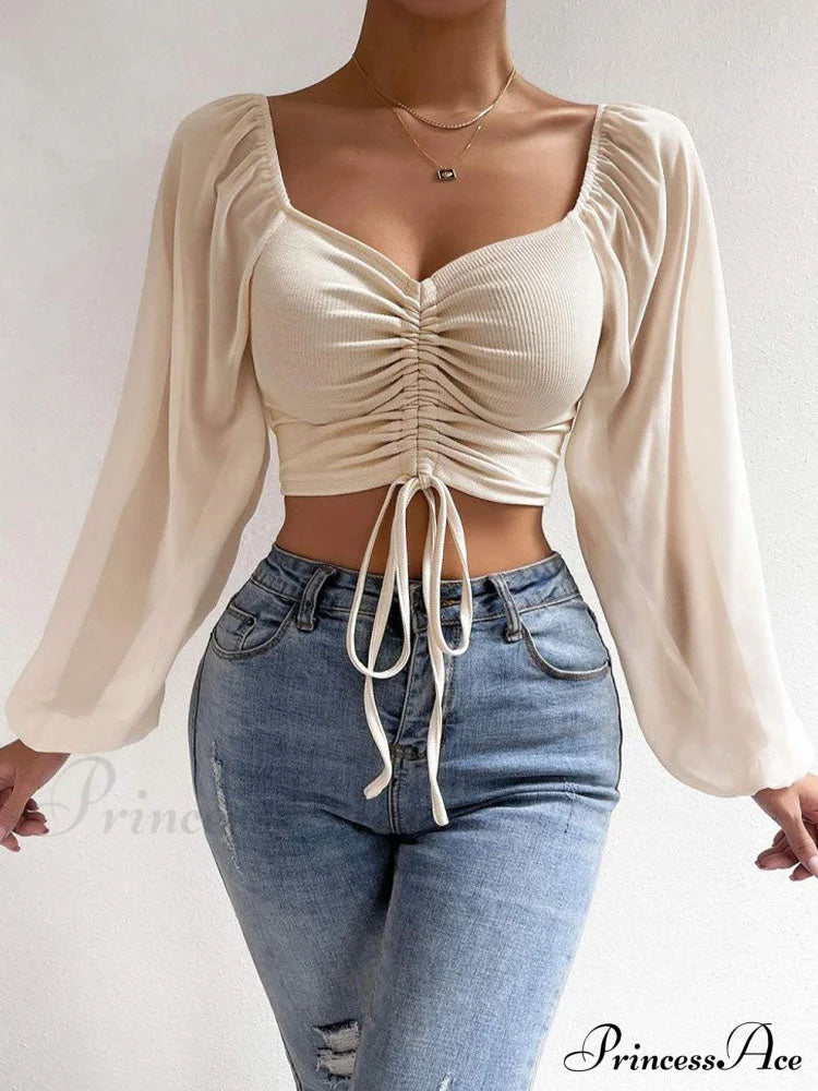 Lantern Sleeve V-neck Blouses