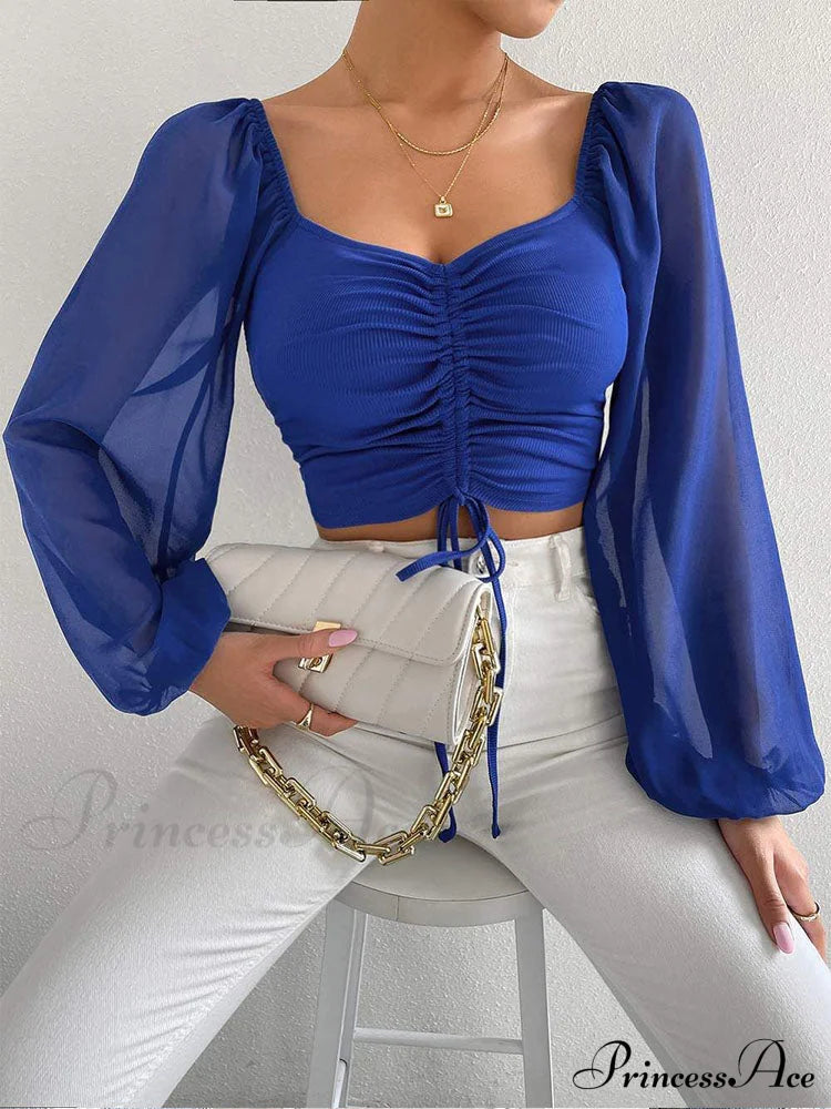 Lantern Sleeve V-neck Blouses